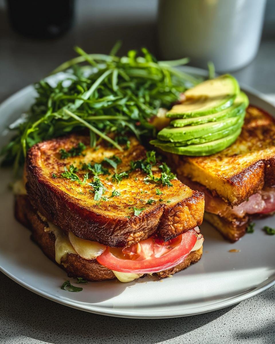 Zwei Hälften herzhafte French Toast Brötchen gefüllt mit Käse und Tomate, serviert mit Rucola und Avocadoscheiben.