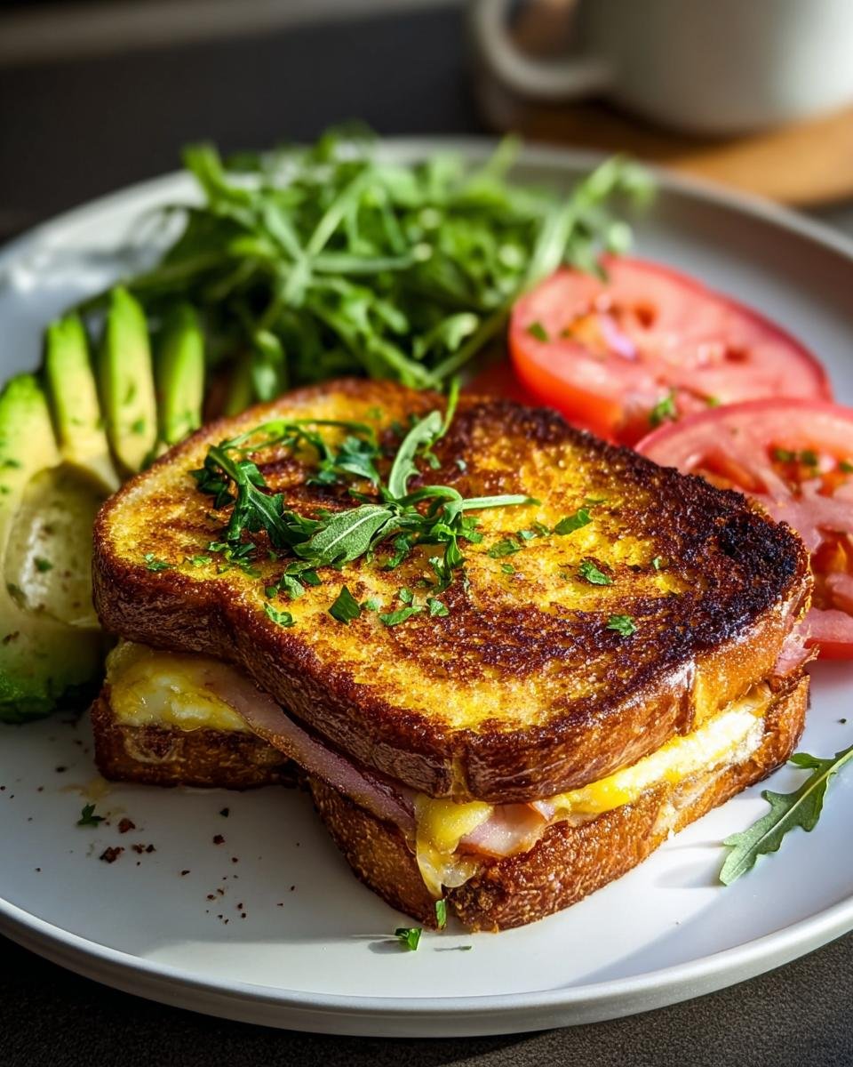 Ein herzhaftes French Toast Brötchen Sandwich, gefüllt mit Schinken und Käse, serviert mit Avocado und Tomatenscheiben.