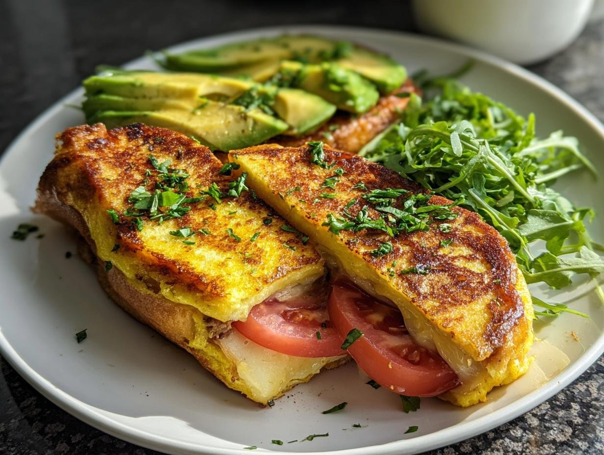 Zwei Hälften eines herzhaften French Toast Brötchen Sandwiches, gefüllt mit Käse und Tomate, serviert mit Avocado und Rucola.