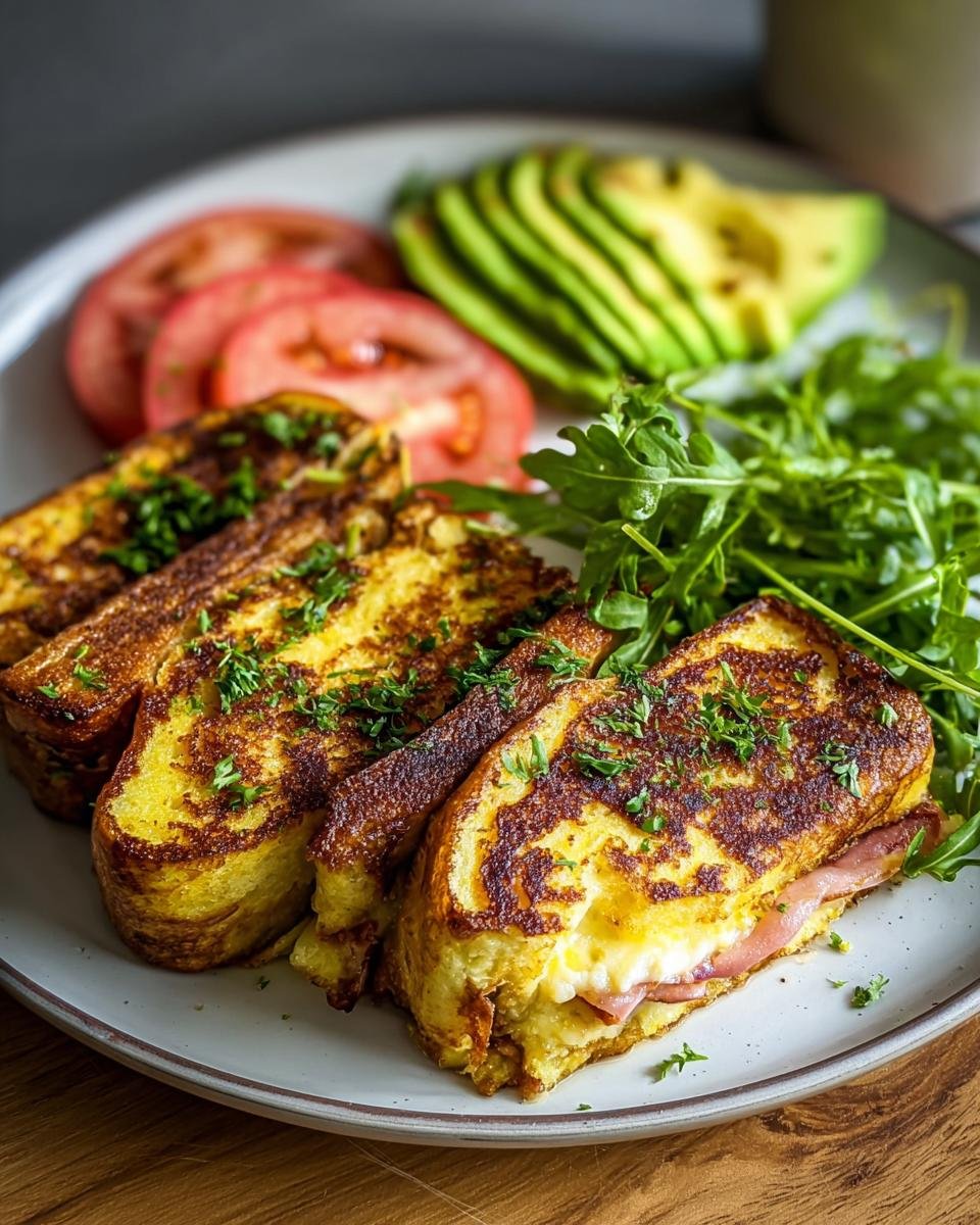 Drei goldbraun gebratene French Toast Brötchen, gefüllt mit Schinken und Käse, serviert mit Avocado und Tomaten.