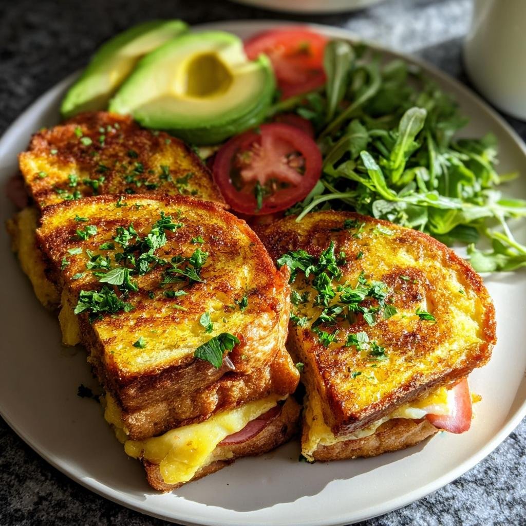 Zwei Hälften herzhafte French Toast Brötchen, gefüllt mit Käse und Schinken, garniert mit Petersilie, serviert mit Avocado und Rucola.