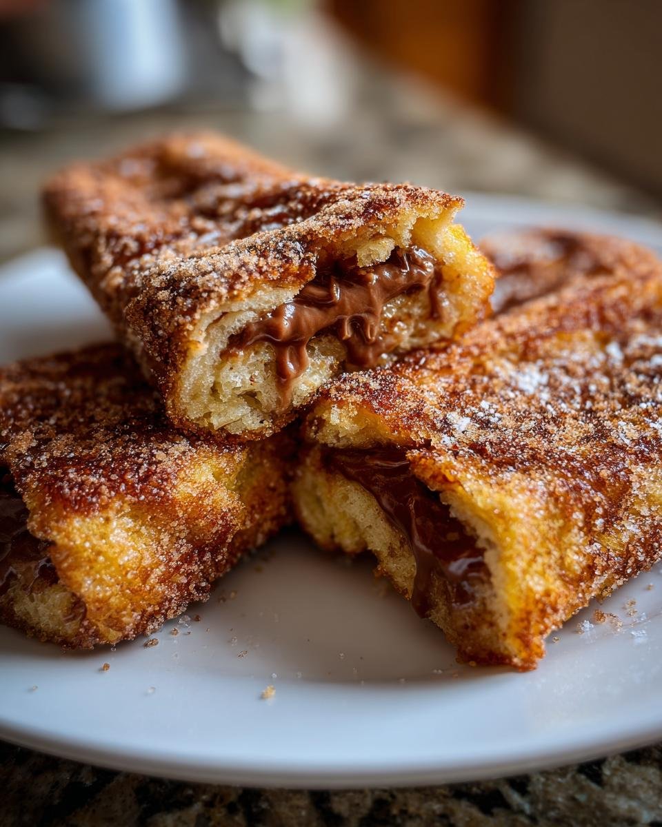 Nahaufnahme von aufgeschnittenen FRENCH TOAST ROLLS MIT NUTELLA UND ZIMT, die mit geschmolzener Schokolade gefüllt sind.