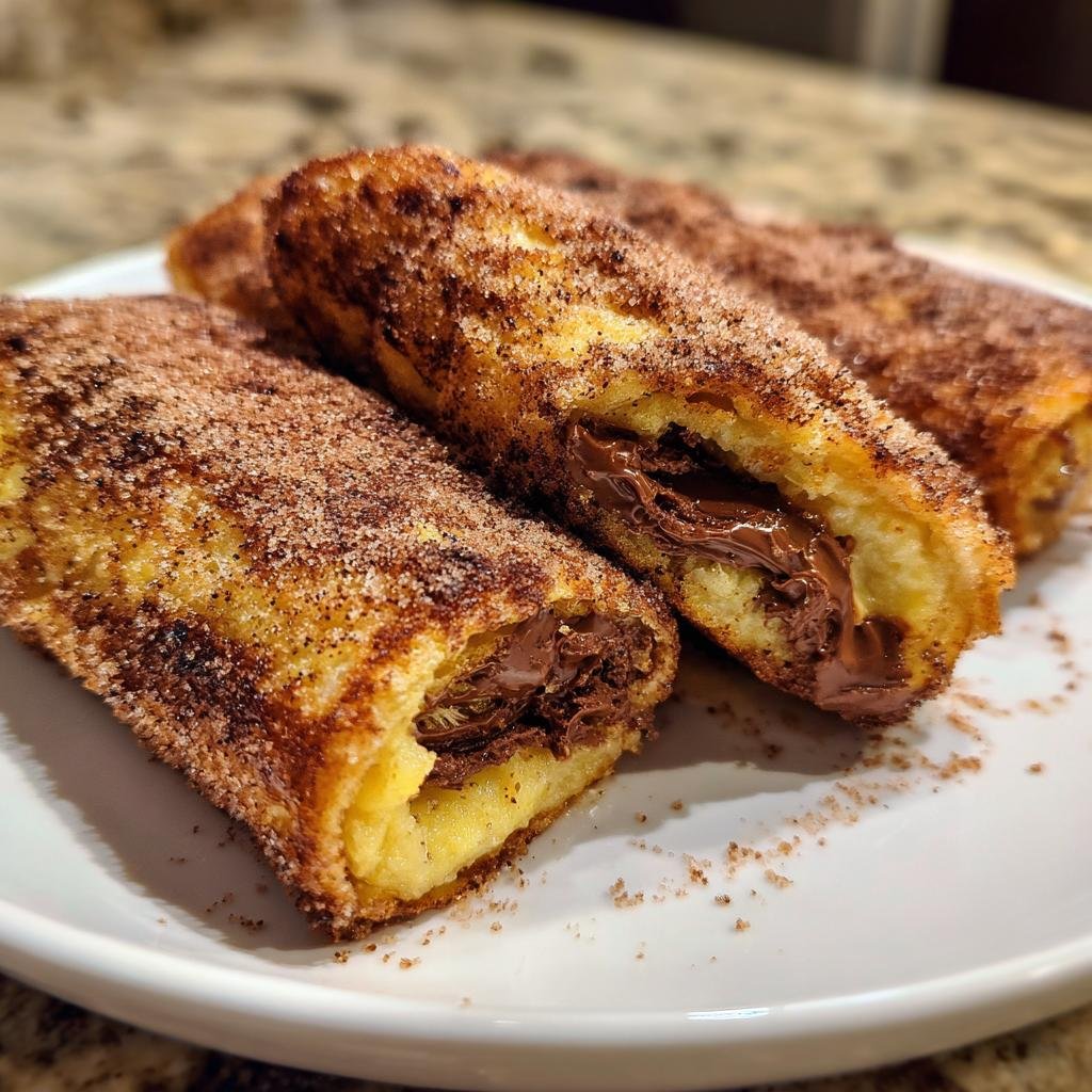 Drei goldbraune FRENCH TOAST ROLLS MIT NUTELLA UND ZIMT, gefüllt mit geschmolzener Nutella, auf einem weißen Teller.