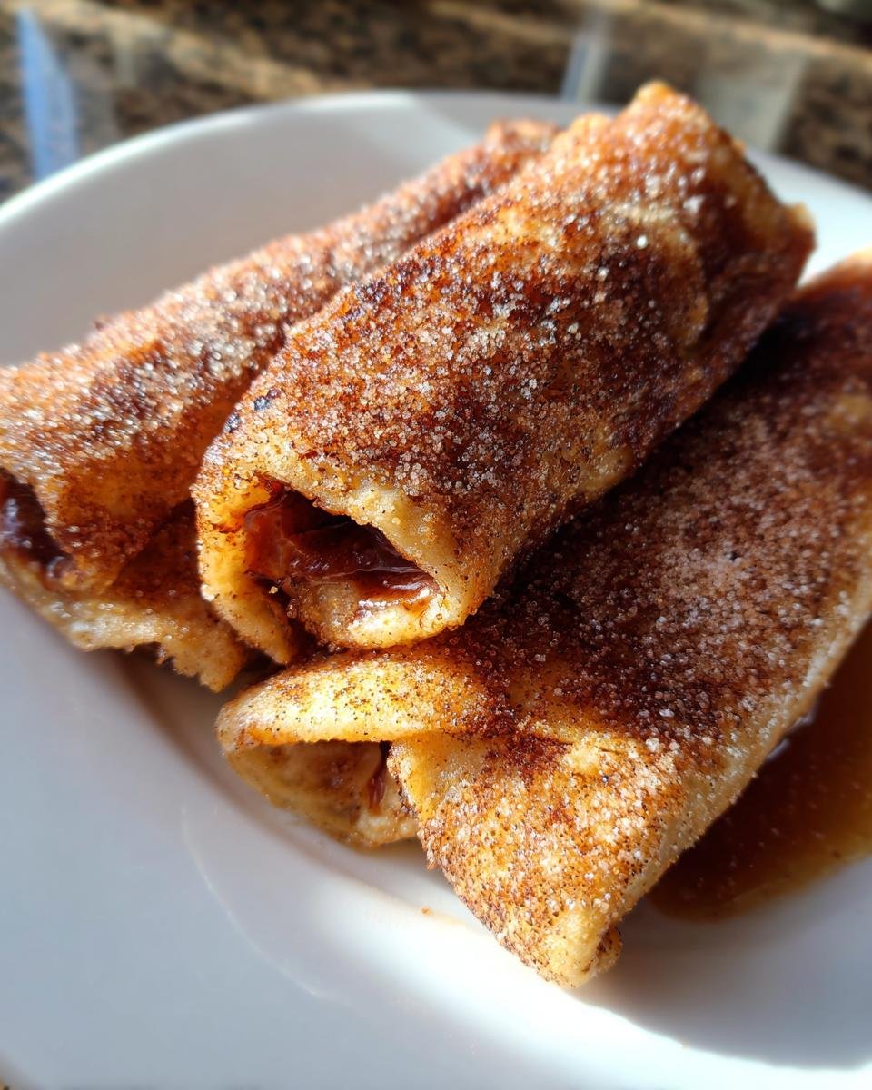 Nahaufnahme von drei goldbraunen FRENCH TOAST ROLLS MIT NUTELLA UND ZIMT, bestreut mit Zimt-Zucker, auf einem weißen Teller.