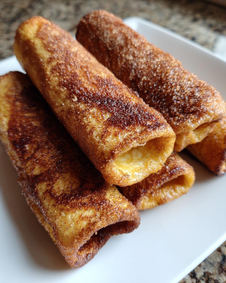 Nahaufnahme von vier goldbraunen FRENCH TOAST ROLLS MIT NUTELLA UND ZIMT, bedeckt mit Zimtzucker, auf einem weißen Teller.