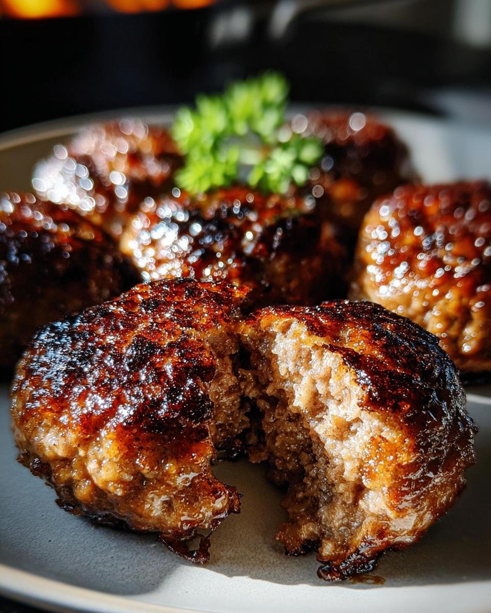 Nahaufnahme von saftigen Frikadellen aus der Heißluftfritteuse, eine davon aufgeschnitten, um die Textur zu zeigen.