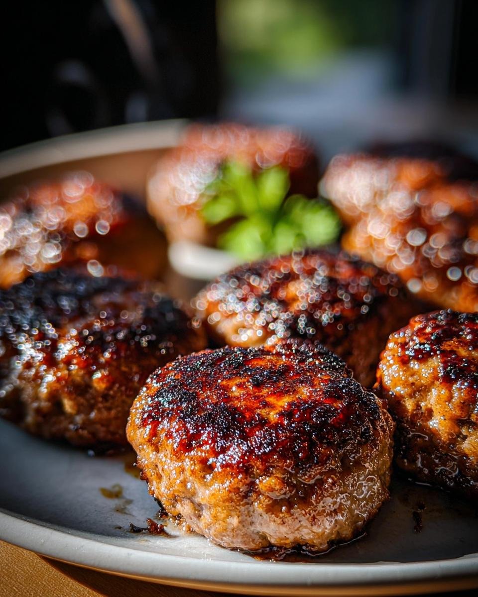 Nahaufnahme von mehreren saftigen Frikadellen aus der Heißluftfritteuse mit einer dunkel karamellisierten Kruste.
