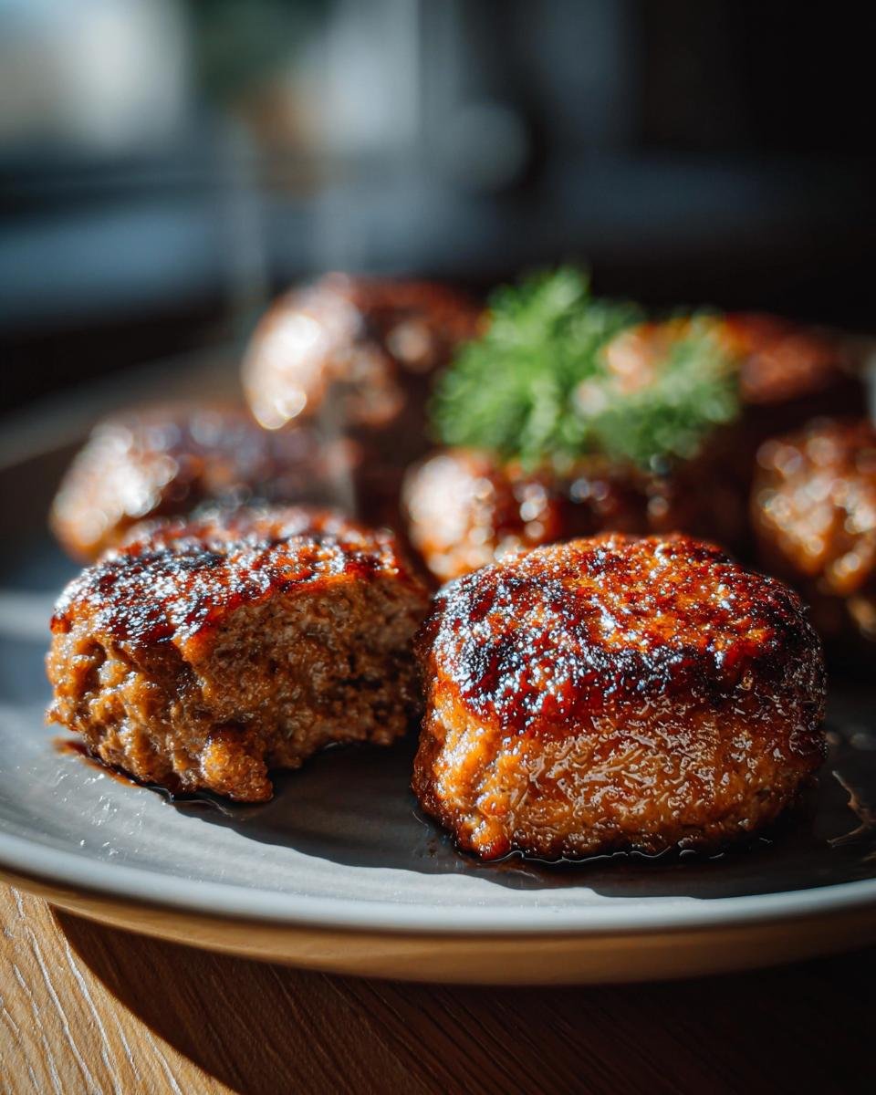 Nahaufnahme von saftigen Frikadellen aus der Heißluftfritteuse mit glänzender Kruste auf einem grauen Teller.