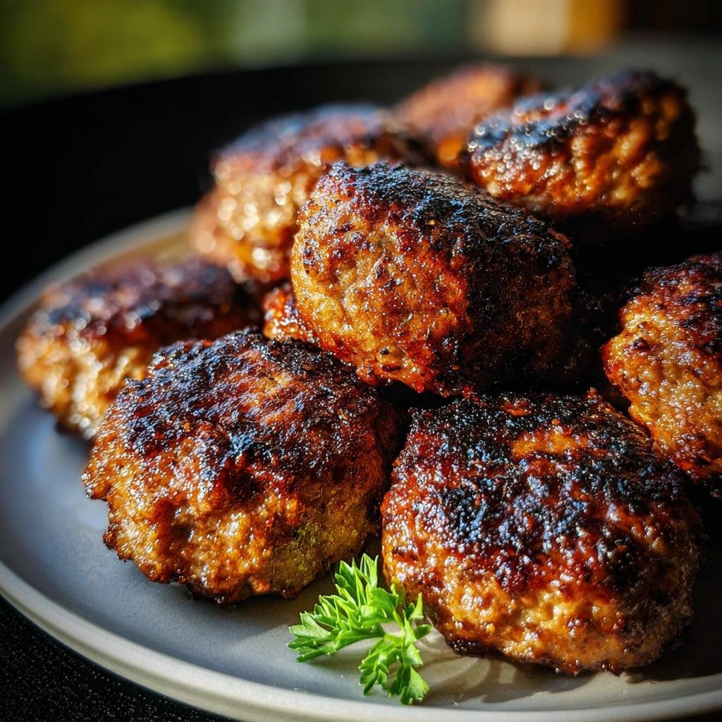 Nahaufnahme von knusprigen, braun gebratenen Frikadellen aus der Heißluftfritteuse auf einem Teller.