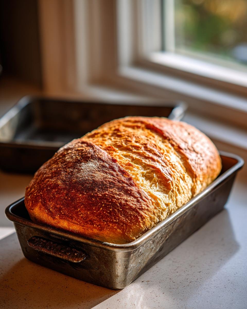 Ein frisch gebackenes, goldbraunes Brot in einer dunklen Kastenform, ideal für das 5 Minuten Brot backen Rezept.