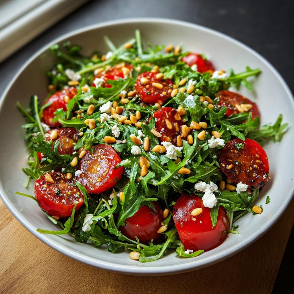 Nahaufnahme von Frischer Tomaten Rucola Salat mit Pinienkernen und Feta in einer weißen Schüssel.