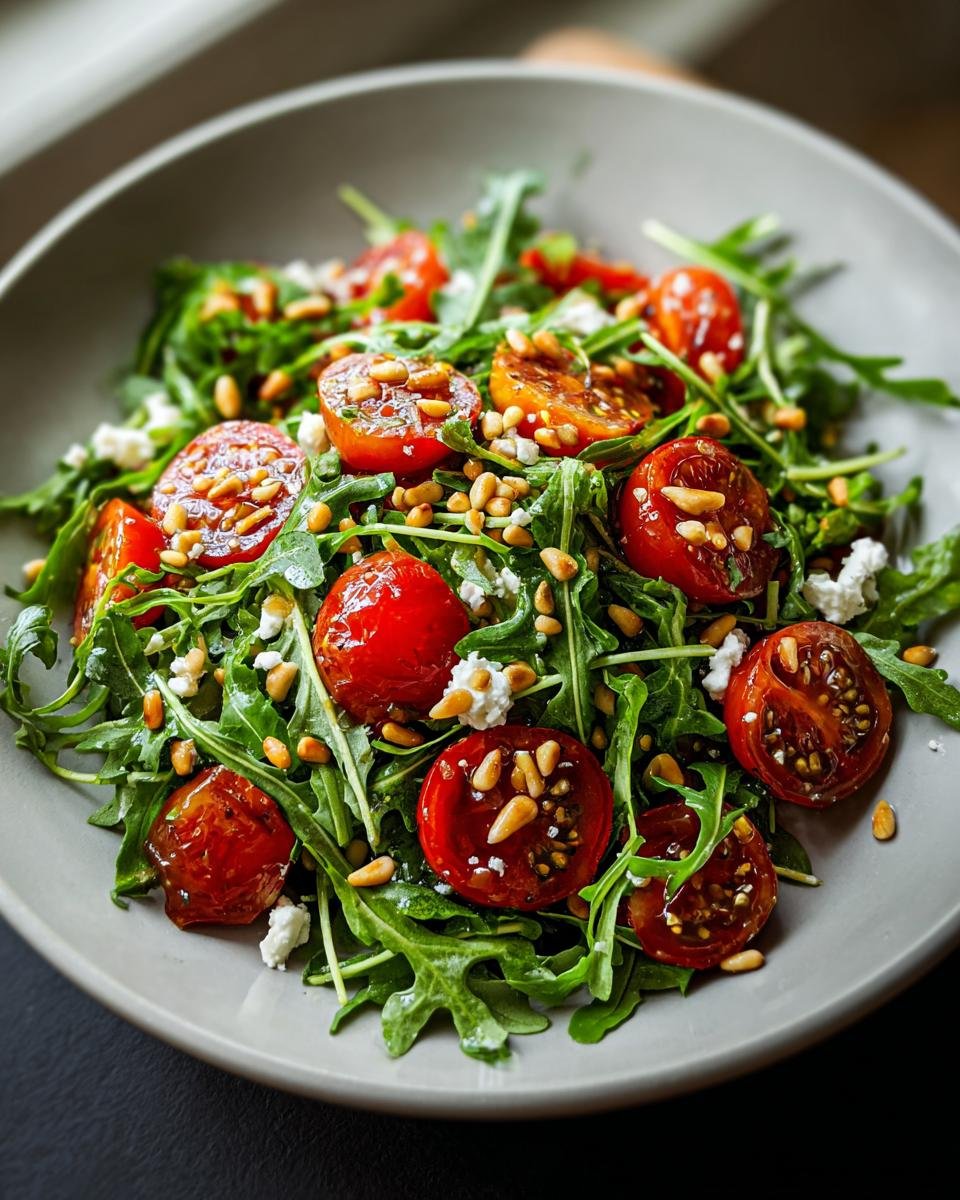 Nahaufnahme eines Frischer Tomaten Rucola Salat mit Rucola, gerösteten Kirschtomaten und Pinienkernen.