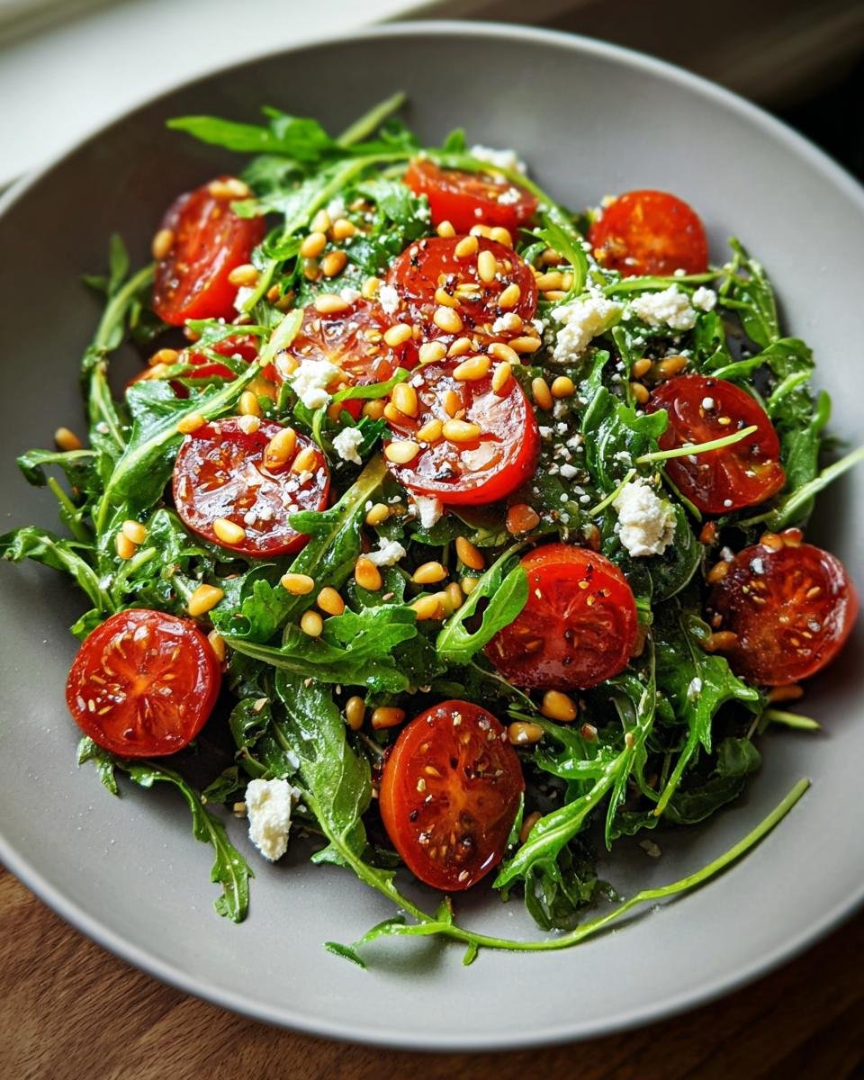 Nahaufnahme eines Frischer Tomaten Rucola Salat mit gerösteten Kirschtomaten, Pinienkernen und Feta in einer grauen Schüssel.