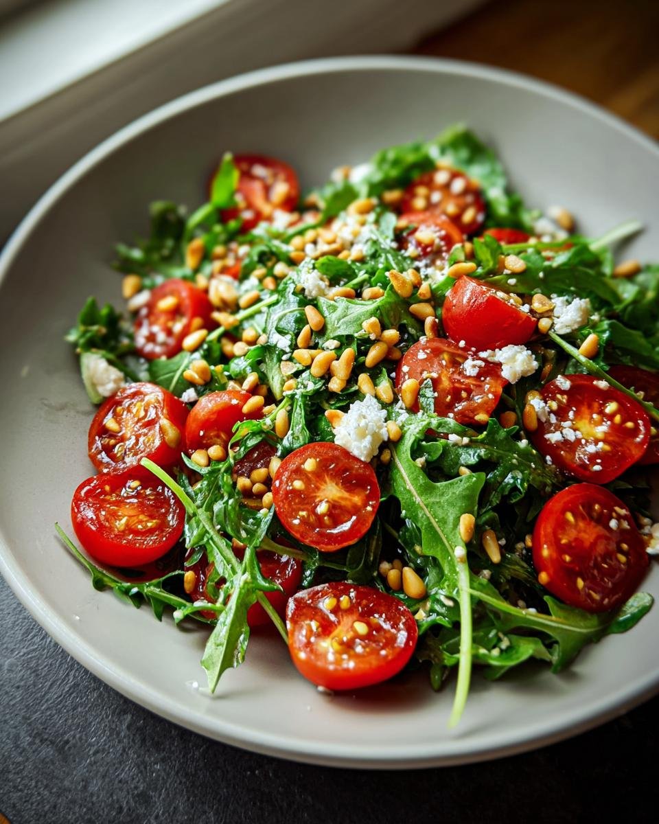 Nahaufnahme eines Frischer Tomaten Rucola Salat mit Pinienkernen und zerbröseltem Käse in einer grauen Schüssel.