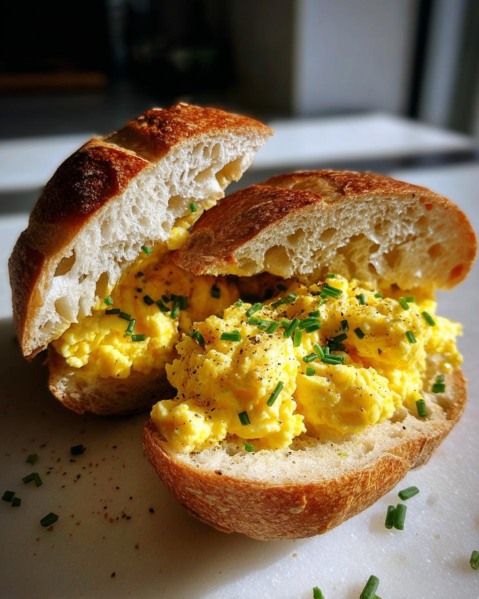 Aufgeschnittene Frühstücksrollen gefüllt mit cremigem Rührei und Schnittlauch – perfekt für Frühstücksrollen mit Rührei.