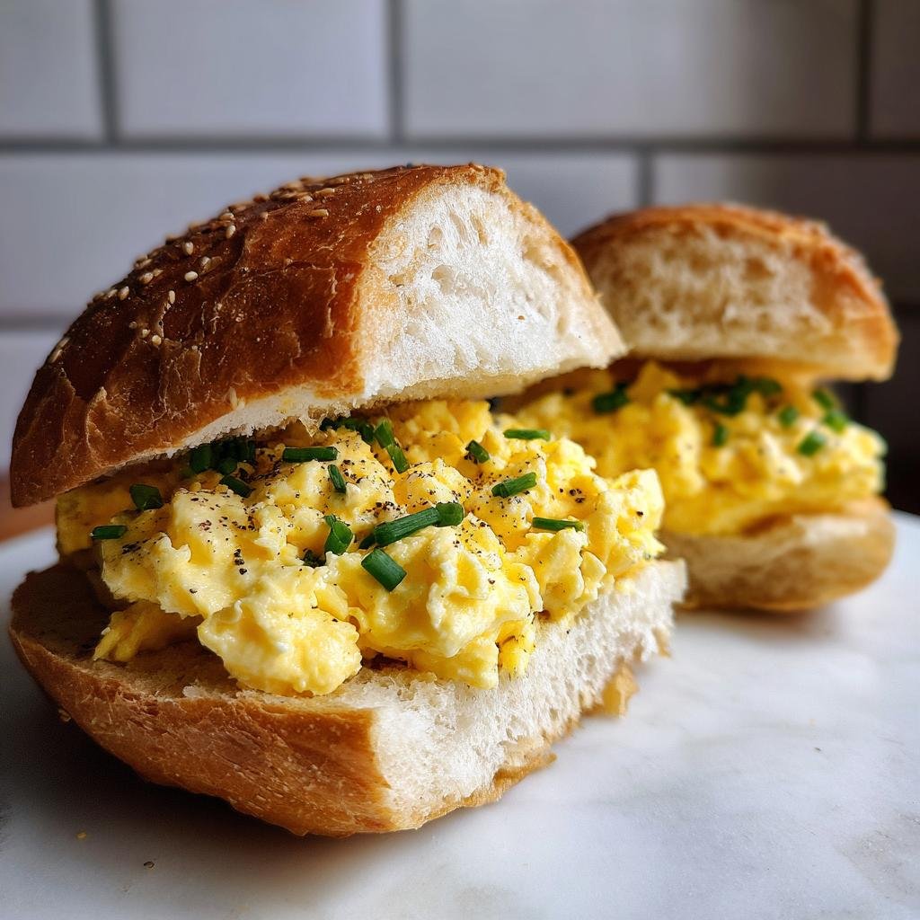 Zwei aufgeschnittene Frühstücksrollen mit cremigem Rührei und Schnittlauch – perfekte Frühstücksrollen mit Rührei.