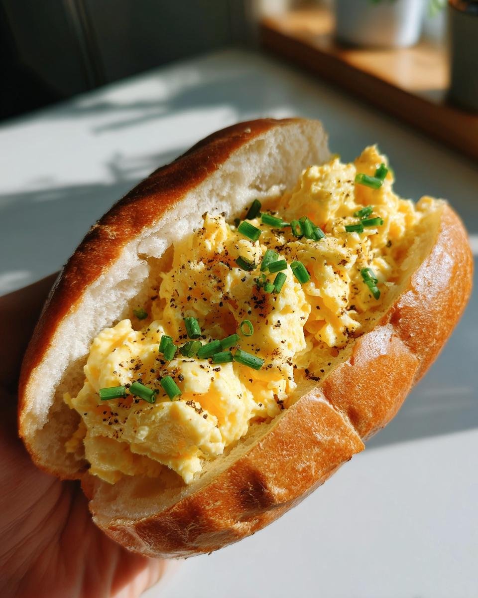 Eine aufgeschnittene Frühstücksrolle gefüllt mit cremigem Rührei, bestreut mit Schnittlauch und Pfeffer.