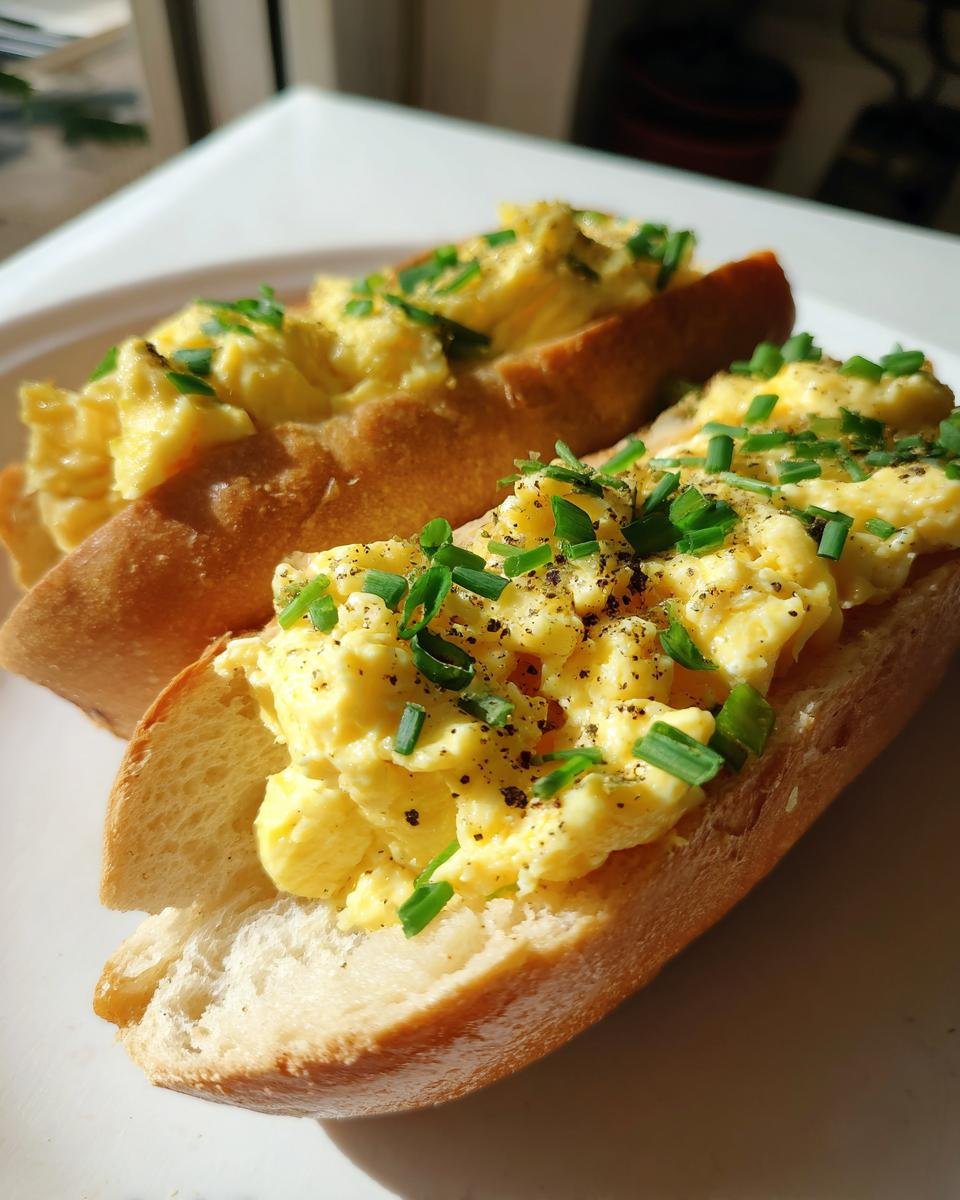 Zwei aufgeschnittene Brötchen gefüllt mit cremigem Rührei und bestreut mit Schnittlauch, typische Frühstücksrollen mit Rührei.