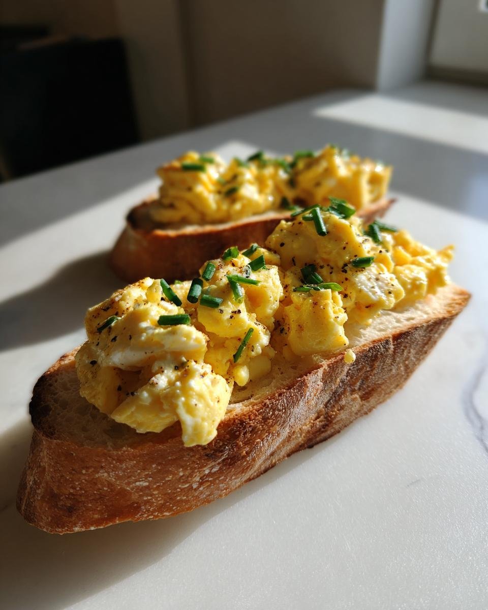 Zwei Scheiben geröstetes Brot belegt mit cremigem Rührei und Schnittlauch – perfekt für Frühstücksrollen mit Rührei.