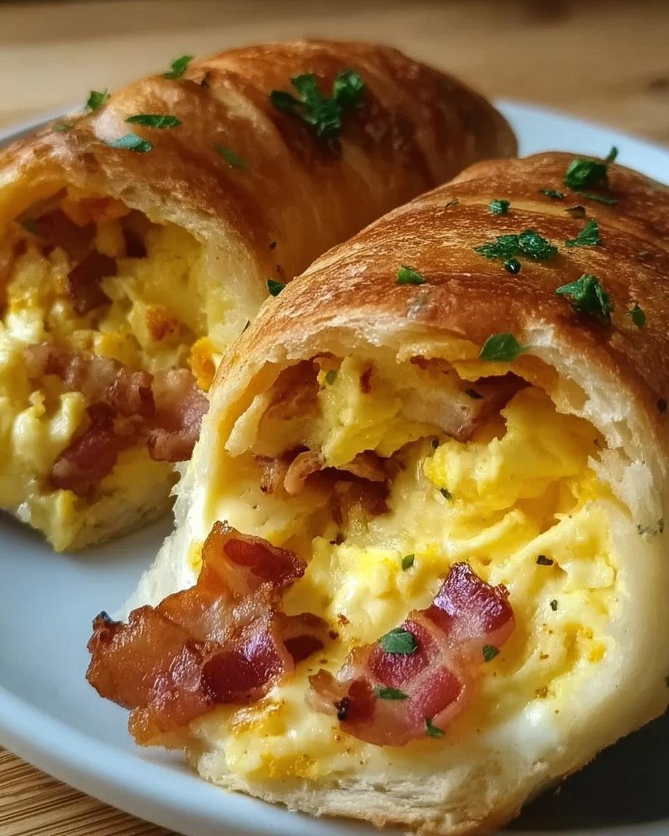 Zwei aufgeschnittene Frühstücksrollen mit Rührei, Käse und Speck, garniert mit Petersilie.