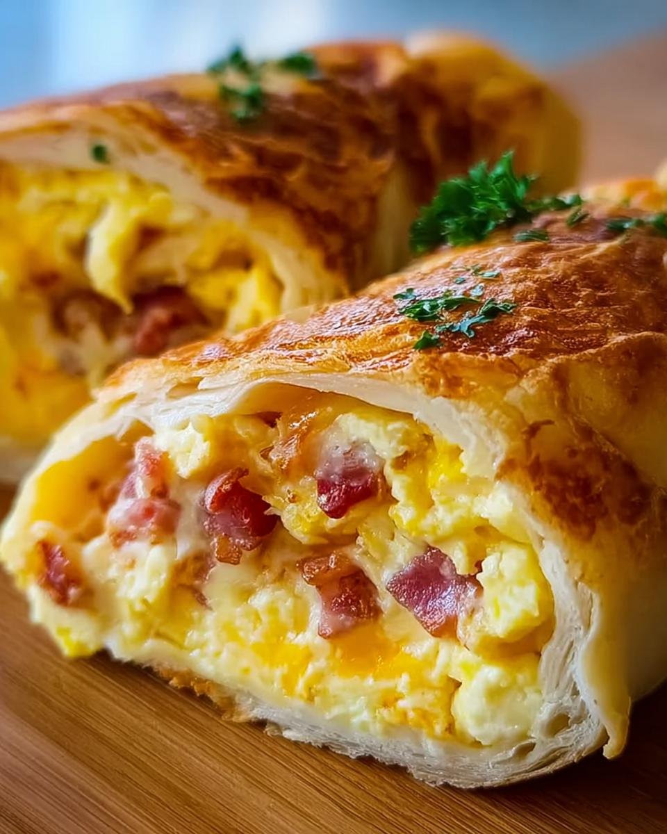 Nahaufnahme von aufgeschnittenen Frühstücksrollen mit Rührei, Käse und Speck Füllung, garniert mit Petersilie.