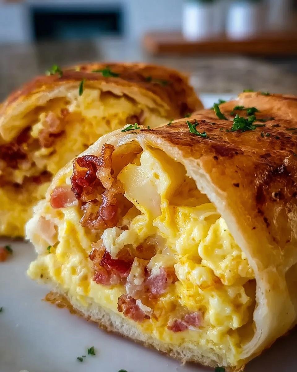 Nahaufnahme einer aufgeschnittenen Frühstücksrolle gefüllt mit cremigem Rührei, Käse und knusprigem Speck – perfekte Frühstücksrollen mit Rührei, Käse und Speck.