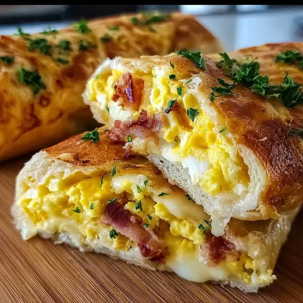 Nahaufnahme von aufgeschnittenen Frühstücksrollen mit Rührei, Käse und Speck, garniert mit Petersilie.