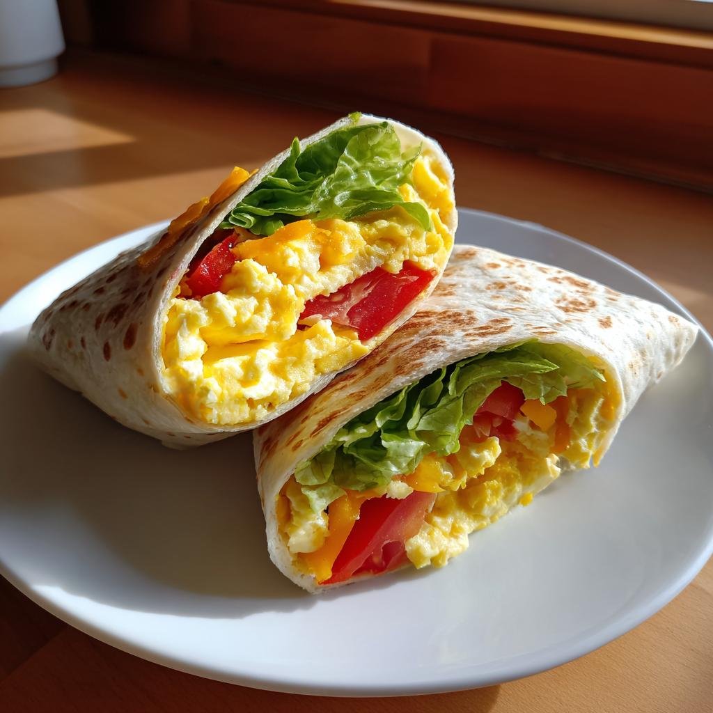 Zwei Hälften eines Frühstückswrap mit Ei, gefüllt mit Rührei, Tomaten, Paprika und Salat, auf einem weißen Teller.