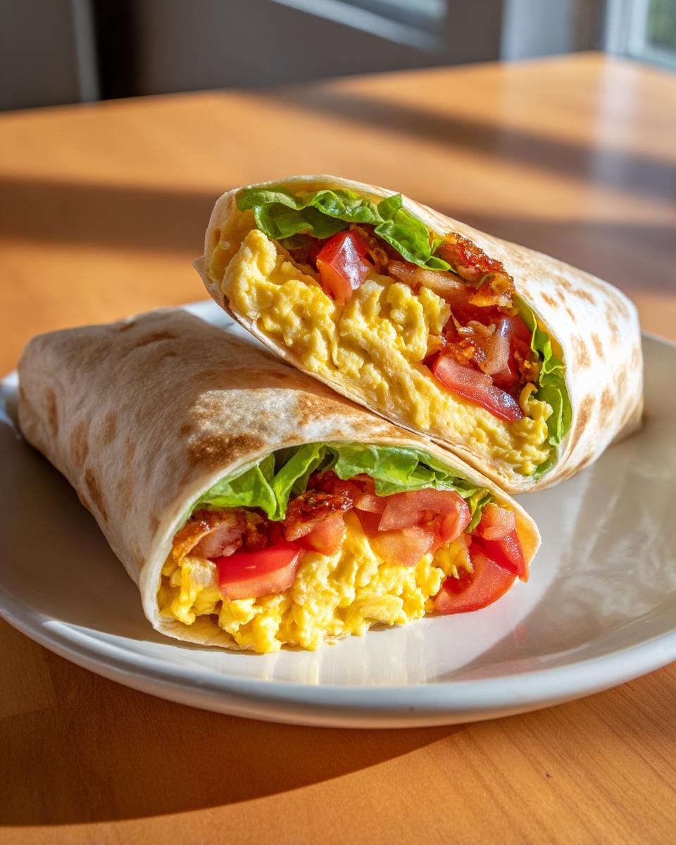 Zwei Hälften eines köstlichen Frühstückswrap mit Ei, Speck, Tomaten und Salat auf einem Teller.