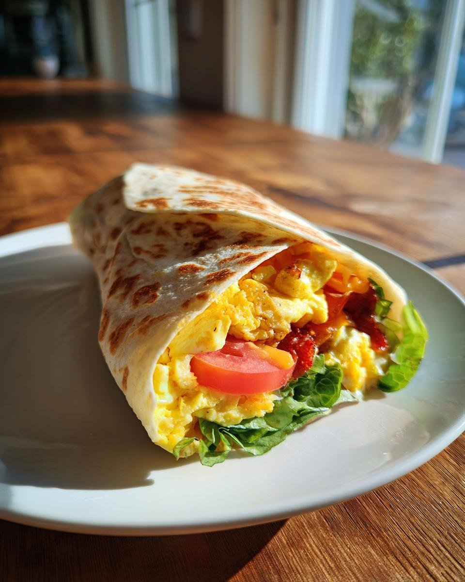 Ein fertig gerollter Frühstückswrap mit Ei, Tomate und Salat auf einem weißen Teller.