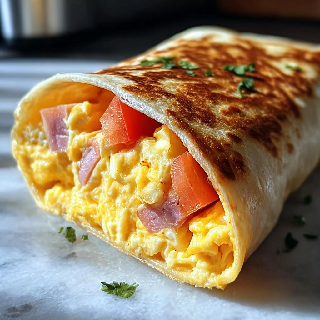Nahaufnahme eines fertigen Frühstückswrap mit Ei, Schinkenwürfeln und Tomatenstücken, ideal für das Frühstückswrap mit Ei Rezept.