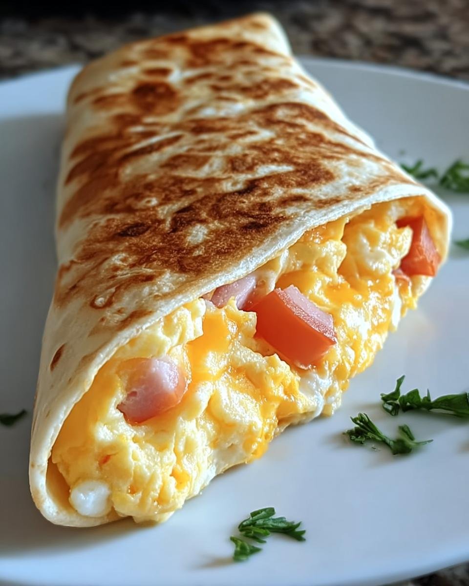 Nahaufnahme eines fertigen Frühstückswrap mit Ei, Käse, Schinkenwürfeln und Tomaten auf einem weißen Teller.