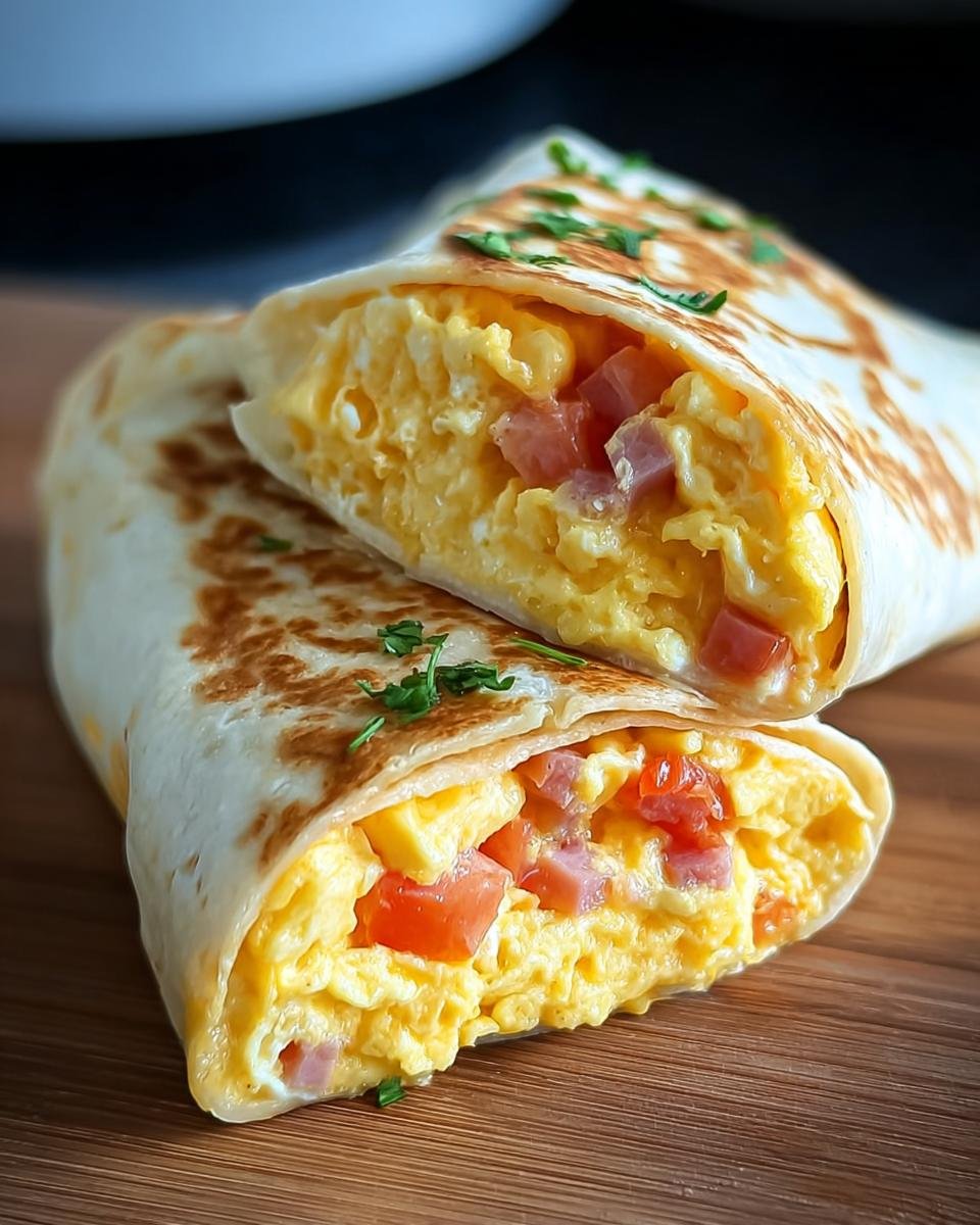 Zwei Hälften eines Frühstückswrap mit Ei, gefüllt mit Rührei, gewürfeltem Schinken und Tomaten.