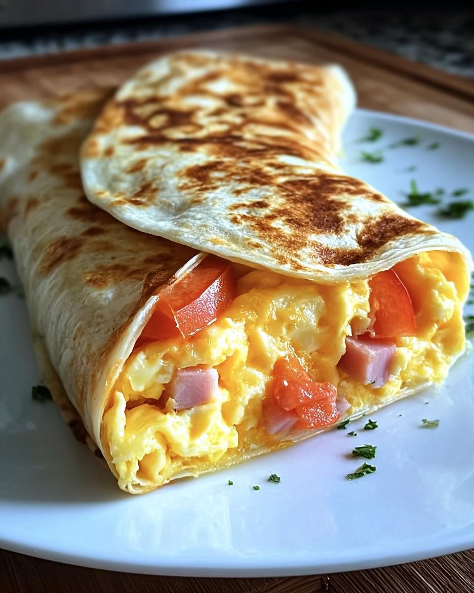 Nahaufnahme eines fertigen Frühstückswrap mit Ei Rezept, gefüllt mit Rührei, Schinkenwürfeln und Tomaten.