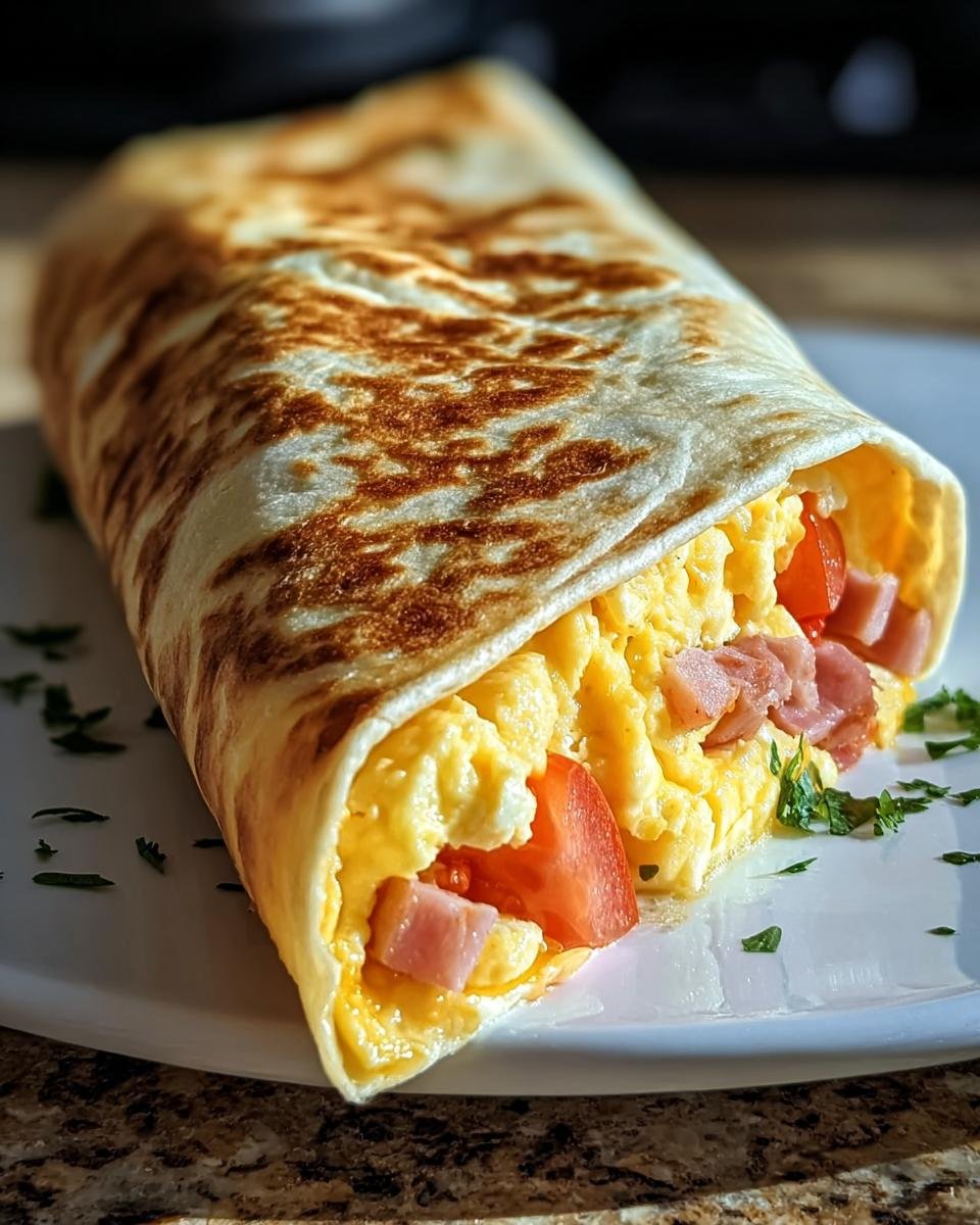 Nahaufnahme eines fertigen Frühstückswrap mit Ei Rezept, gefüllt mit Rührei, Schinkenwürfeln und Tomaten.