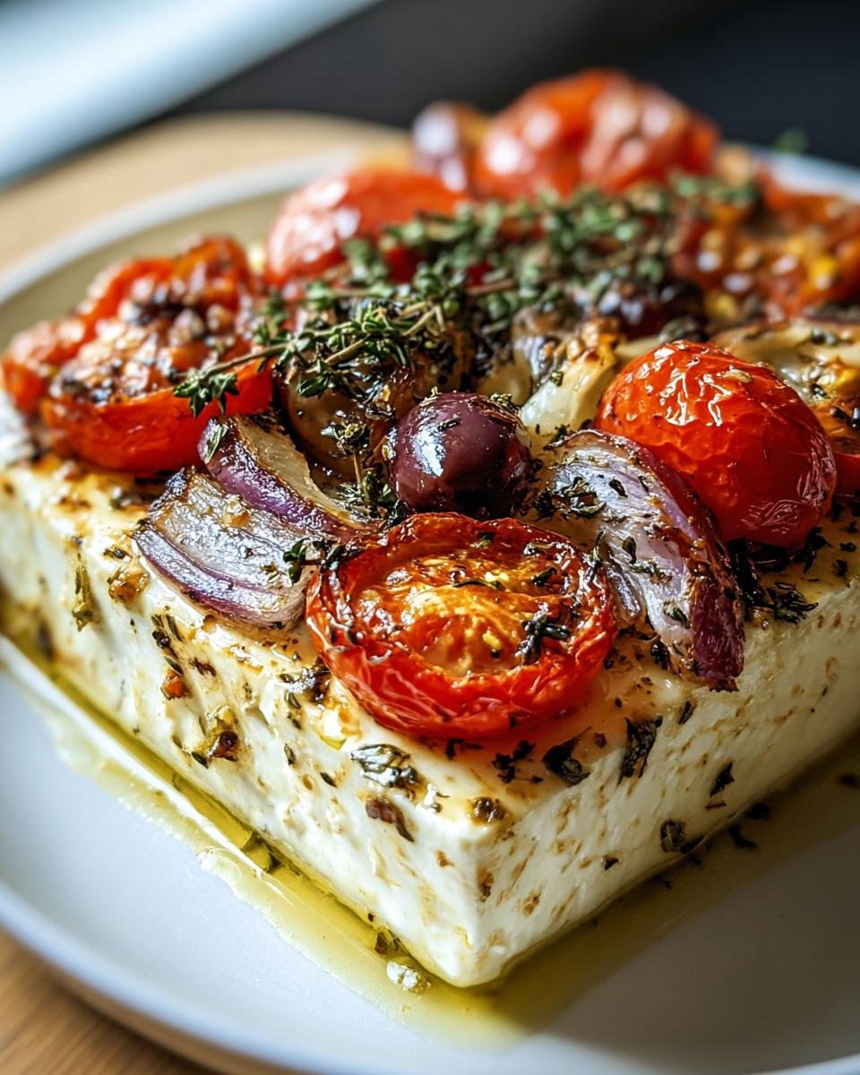 Nahaufnahme von Gebackener Feta mit Oliven und getrockneten Tomaten, bedeckt mit Kräutern und Öl.