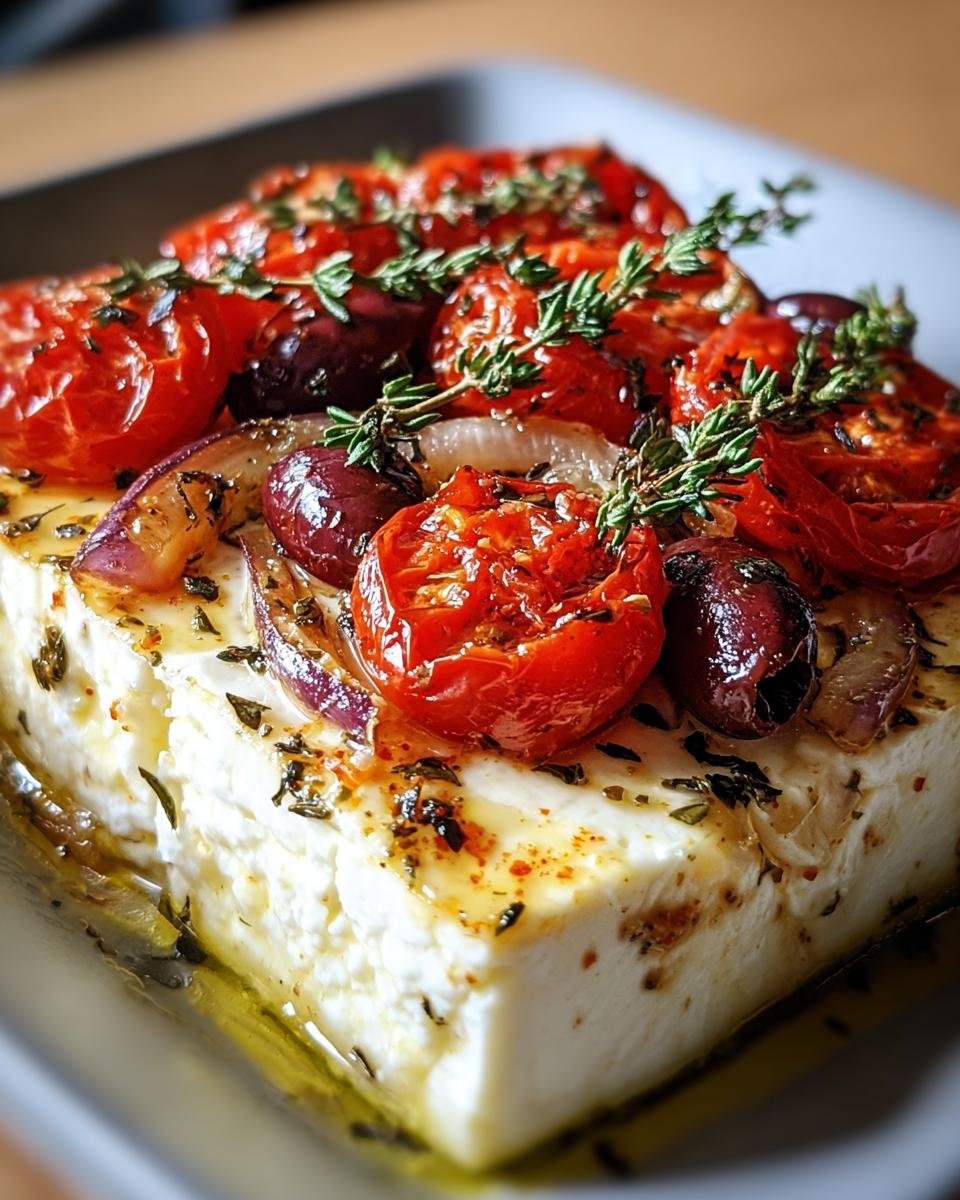 Nahaufnahme von Gebackener Feta mit Oliven und getrockneten Tomaten, bedeckt mit Kräutern und Olivenöl.