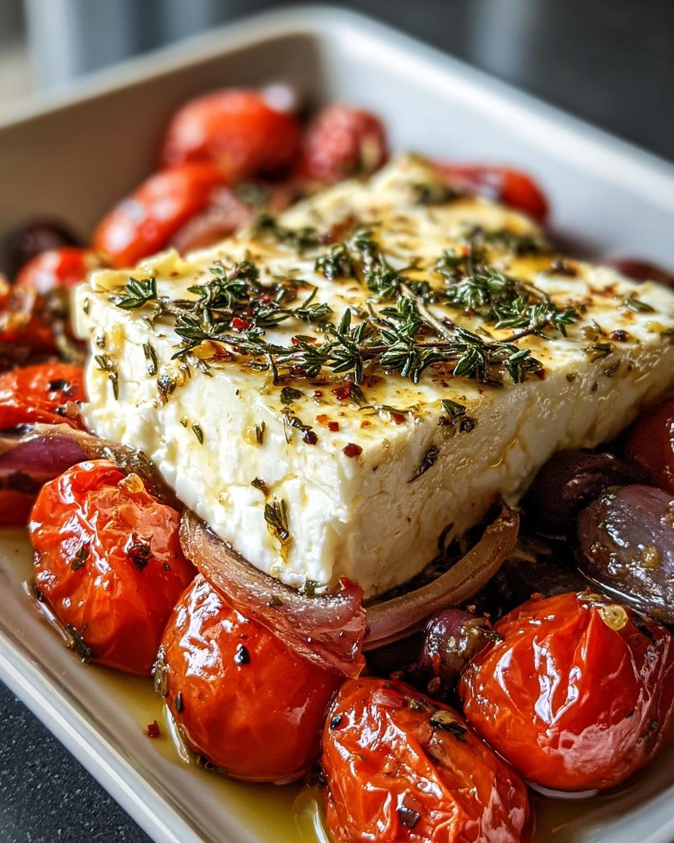 Nahaufnahme von Gebackener Feta mit Oliven und getrockneten Tomaten, beträufelt mit Öl und Thymian.