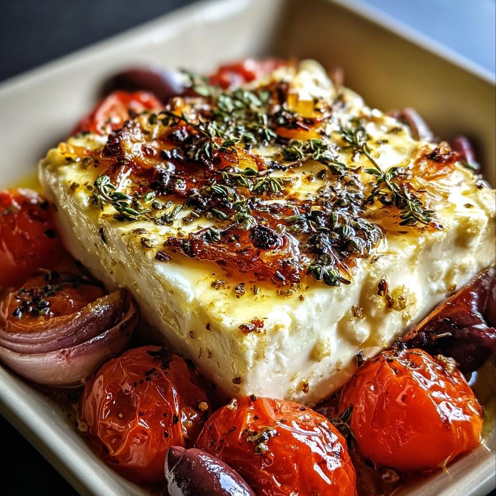 Nahaufnahme von Gebackener Feta mit Oliven und getrockneten Tomaten, übergossen mit Öl und Kräutern.