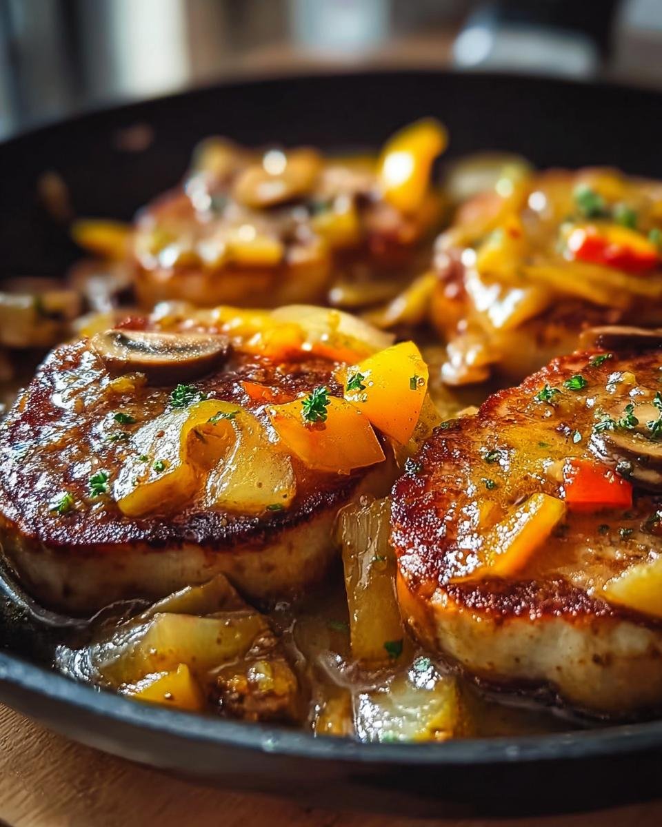 Nahaufnahme von gebratenen Leberkäse Scheiben in einer Pfanne mit Zwiebeln und Pilzen für die Leberkäse – Pfanne.