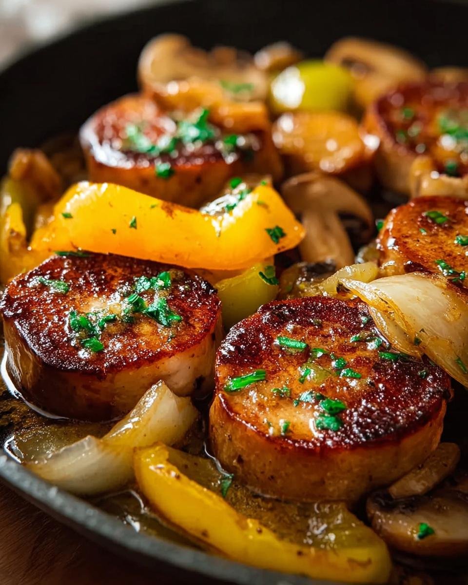 Nahaufnahme von gebratenen Leberkäse-Scheiben mit Zwiebeln, Paprika und Pilzen in einer Pfanne.