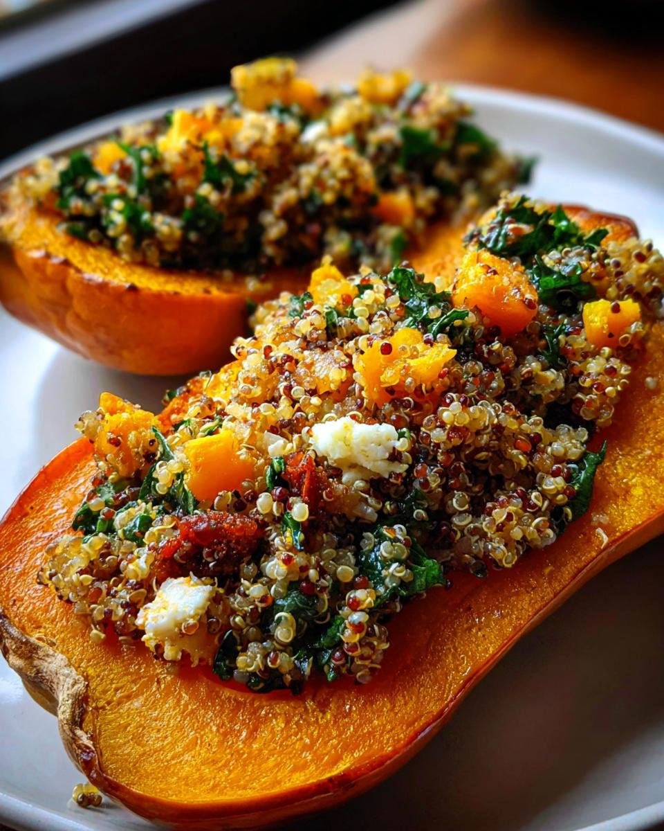 Nahaufnahme von geröstetem Butternut-Kürbis, gefüllt mit Quinoa, Gemüse und Käse, ideal für gesunde Herbstrezepte.