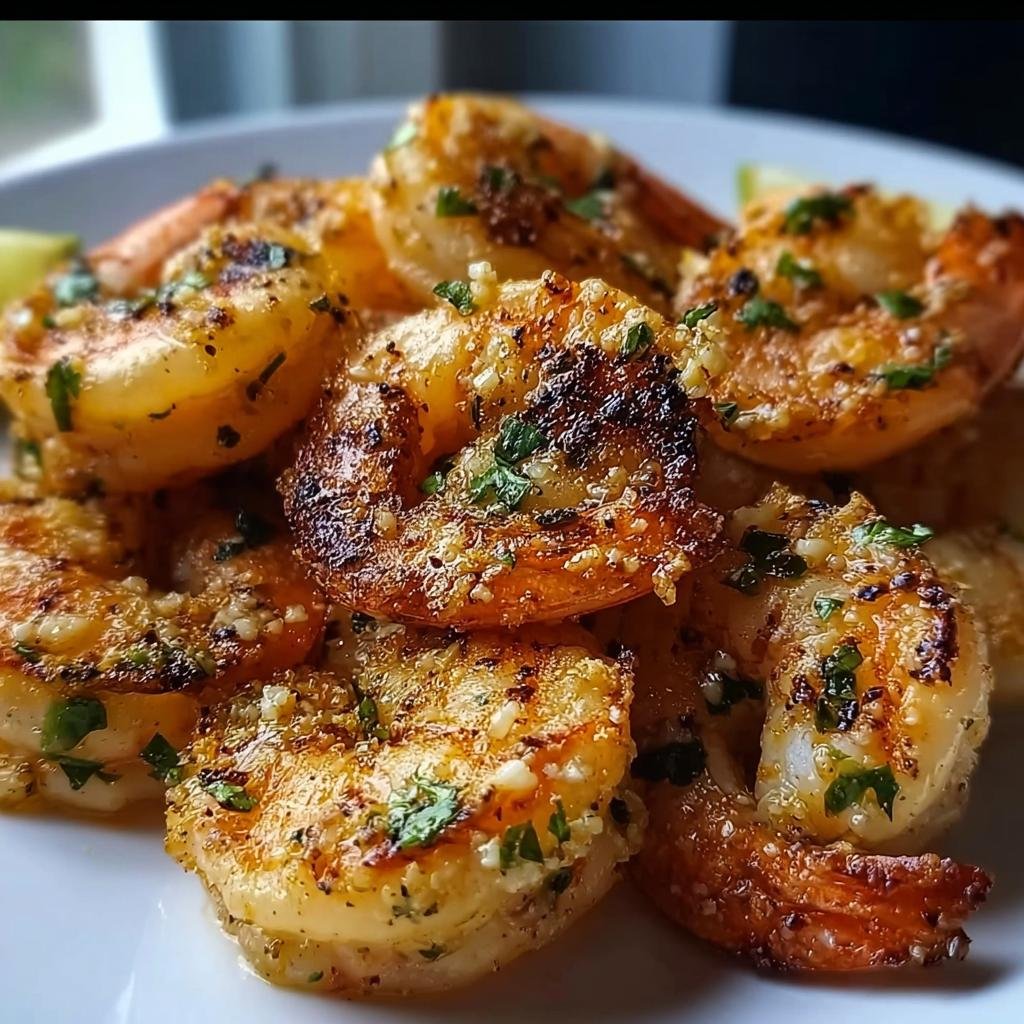 Nahaufnahme von knusprigen, goldbraunen Gesunde Airfryer Knoblauch-Garnelen, bestreut mit gehacktem Knoblauch und Petersilie.