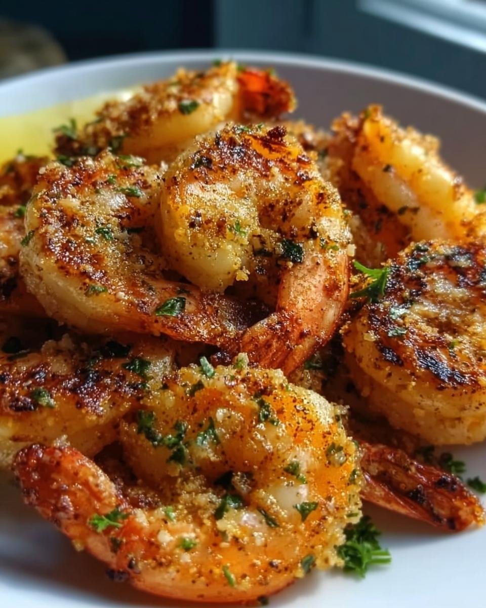 Nahaufnahme von knusprigen, goldbraun gebratenen Gesunde Airfryer Knoblauch-Garnelen, bestreut mit Kräutern.