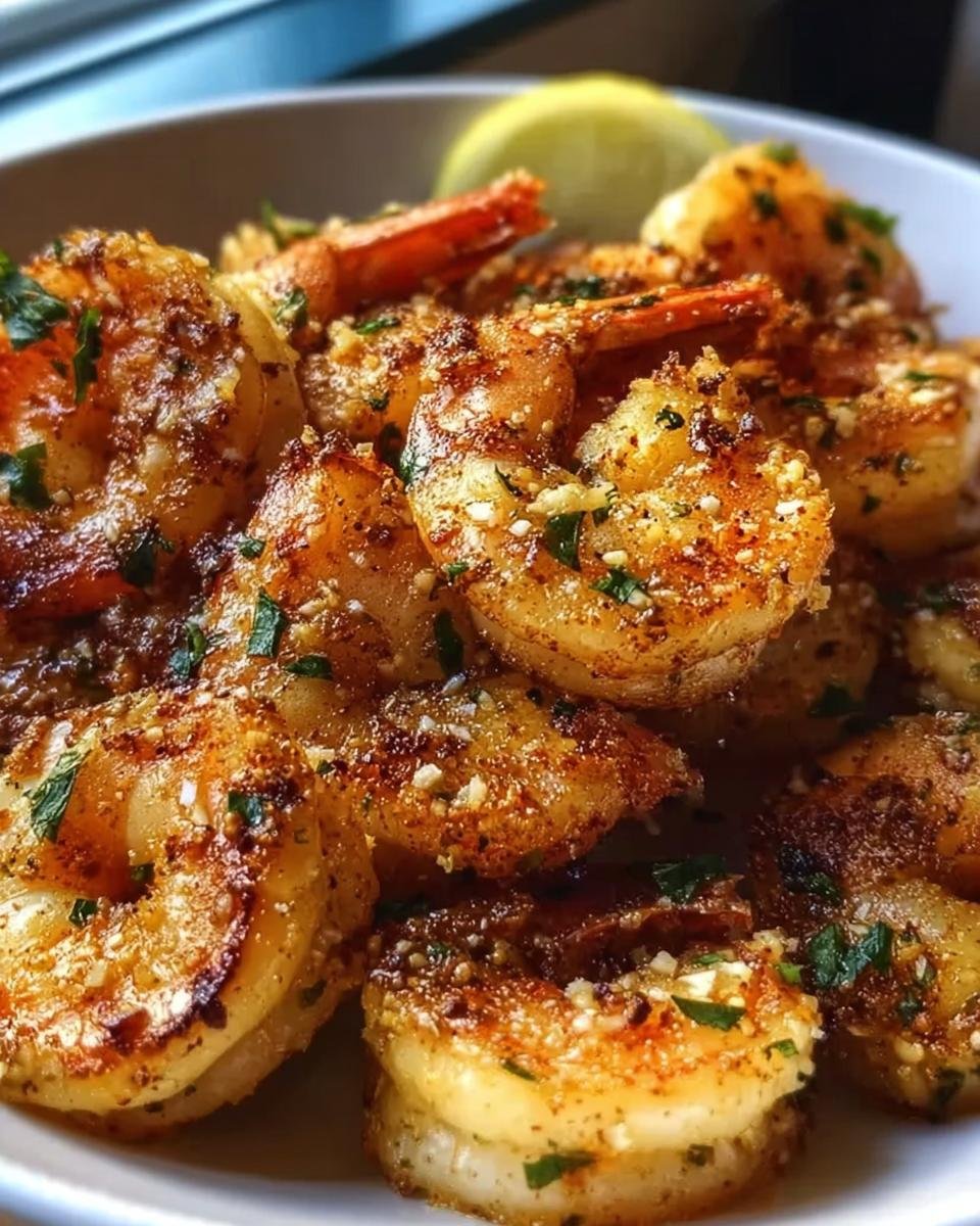 Nahaufnahme von knusprigen Gesunde Airfryer Knoblauch-Garnelen, bestreut mit Knoblauch und Petersilie.