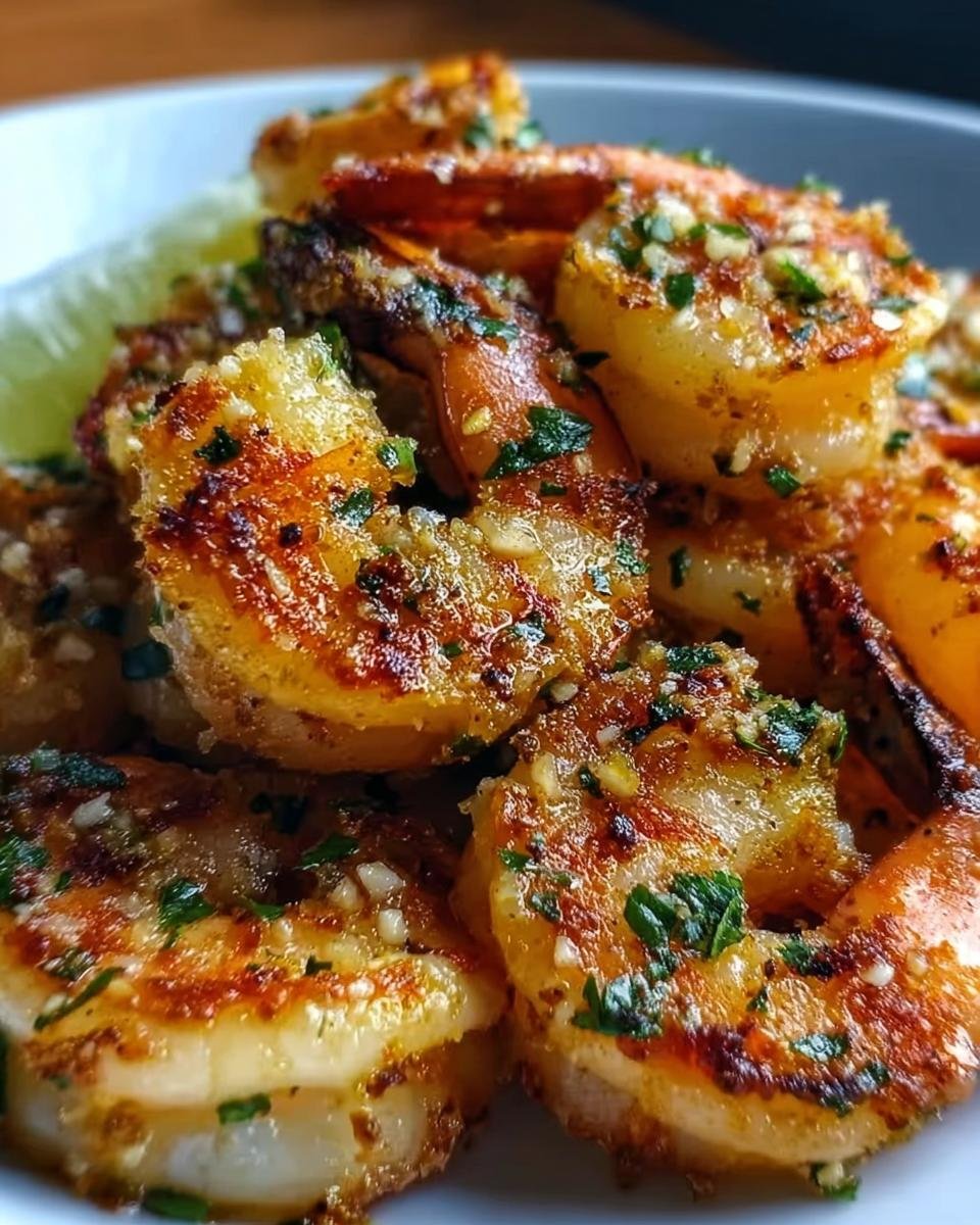 Nahaufnahme von knusprigen, goldbraunen Gesunde Airfryer Knoblauch-Garnelen mit gehacktem Knoblauch und Petersilie.