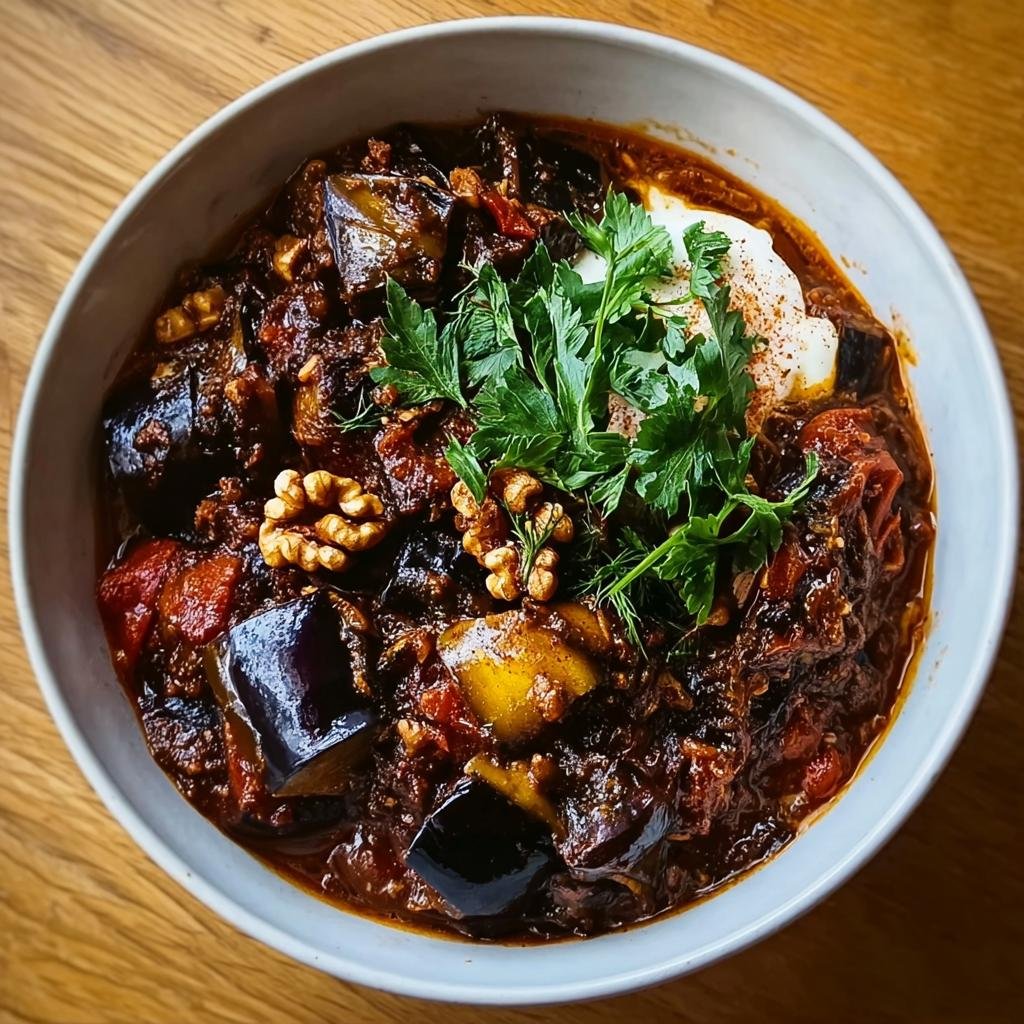 Nahaufnahme eines tiefen, dunklen Gewürzte Aubergine & Walnuss-Eintopf, garniert mit Walnüssen und Petersilie.