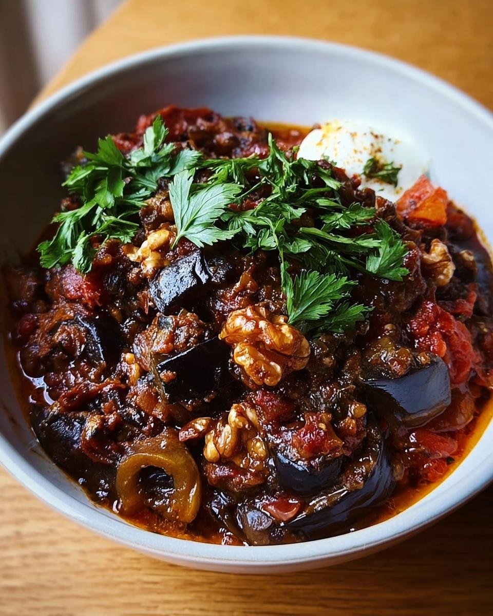 Nahaufnahme eines tiefen Schüssel mit Gewürzter Aubergine & Walnuss-Eintopf, garniert mit frischer Petersilie und einem Klecks Joghurt.