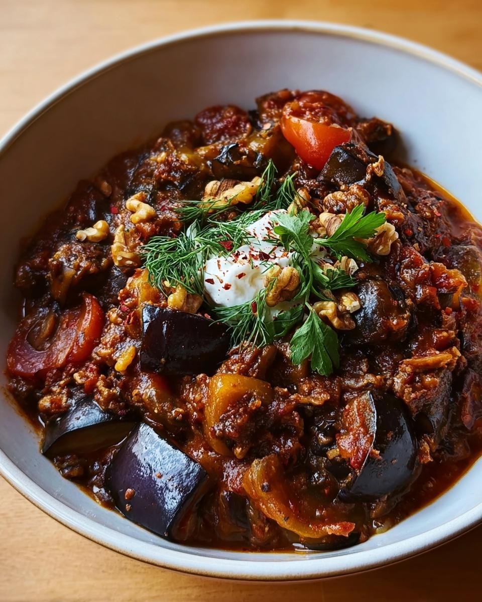 Nahaufnahme des fertigen Gewürzte Aubergine & Walnuss-Eintopf mit Walnüssen und Kräutern.