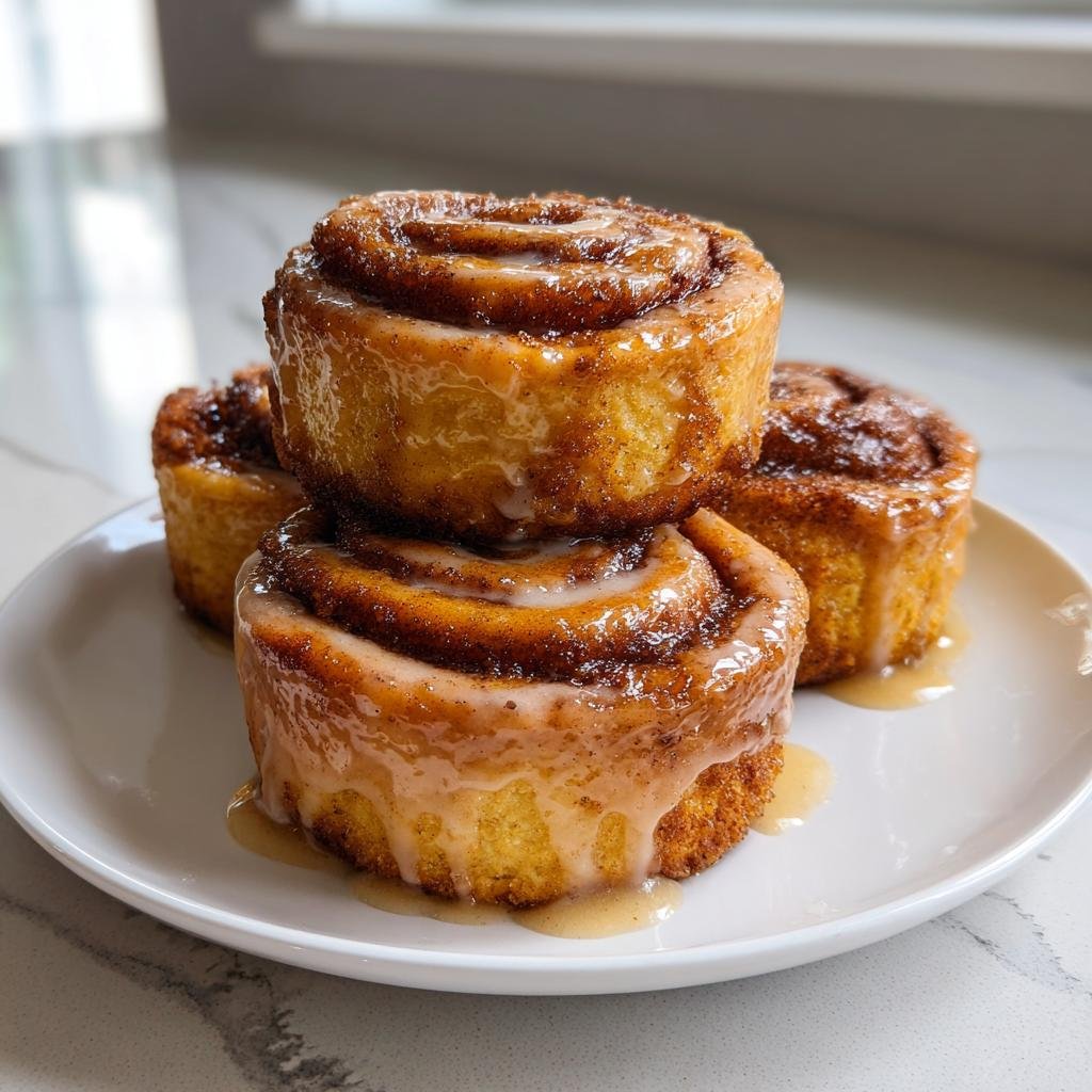 Three freshly baked Pumpkin Spice Cheesecake Schnecken stacked on a white plate, drizzled with a light glaze.